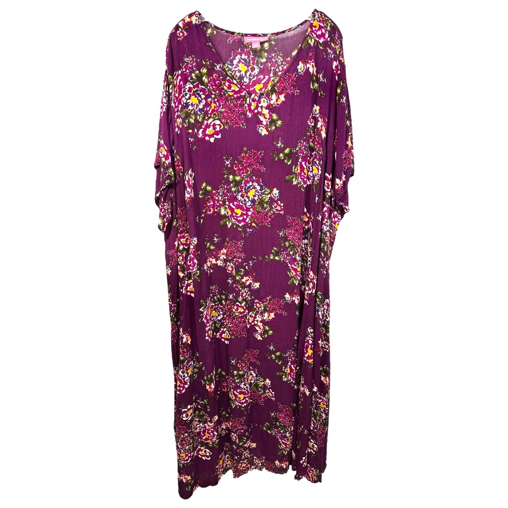 Woman Within Plus Size 26/28W Maxi Dress 2X Floral Purple Short Sleeve Boho 1381